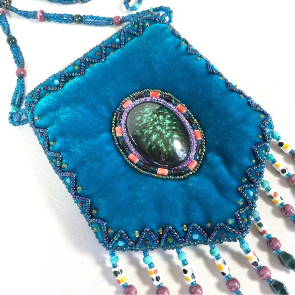 Turquoise Silk Velvet Beaded Crossbody Coin Purse Boho Festival Bag - Picture 3 of 7